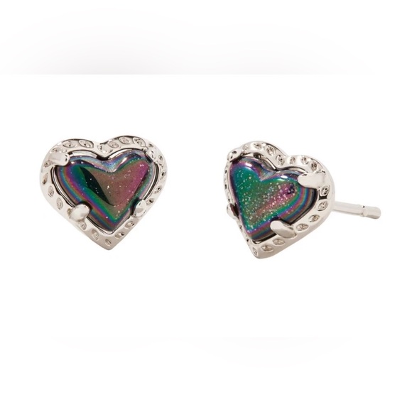 Kendra Scott Jewelry - Kendra Scott Anna Heart Stud Earrings Navy Iridescent Rhodium Silver Tone NWT